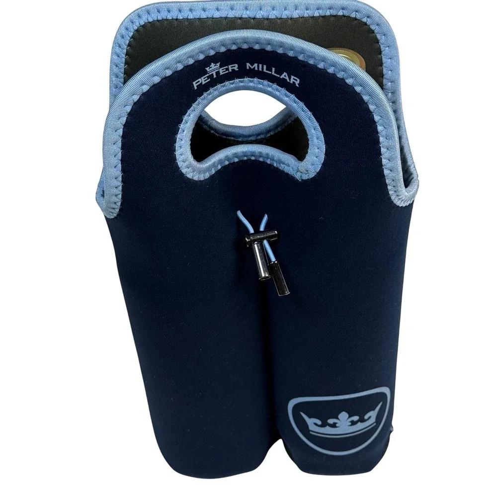Peter Millar Navy Blue Neoprene 2 Bottle Wine Tote Carrier Insulated‎ Crown Logo